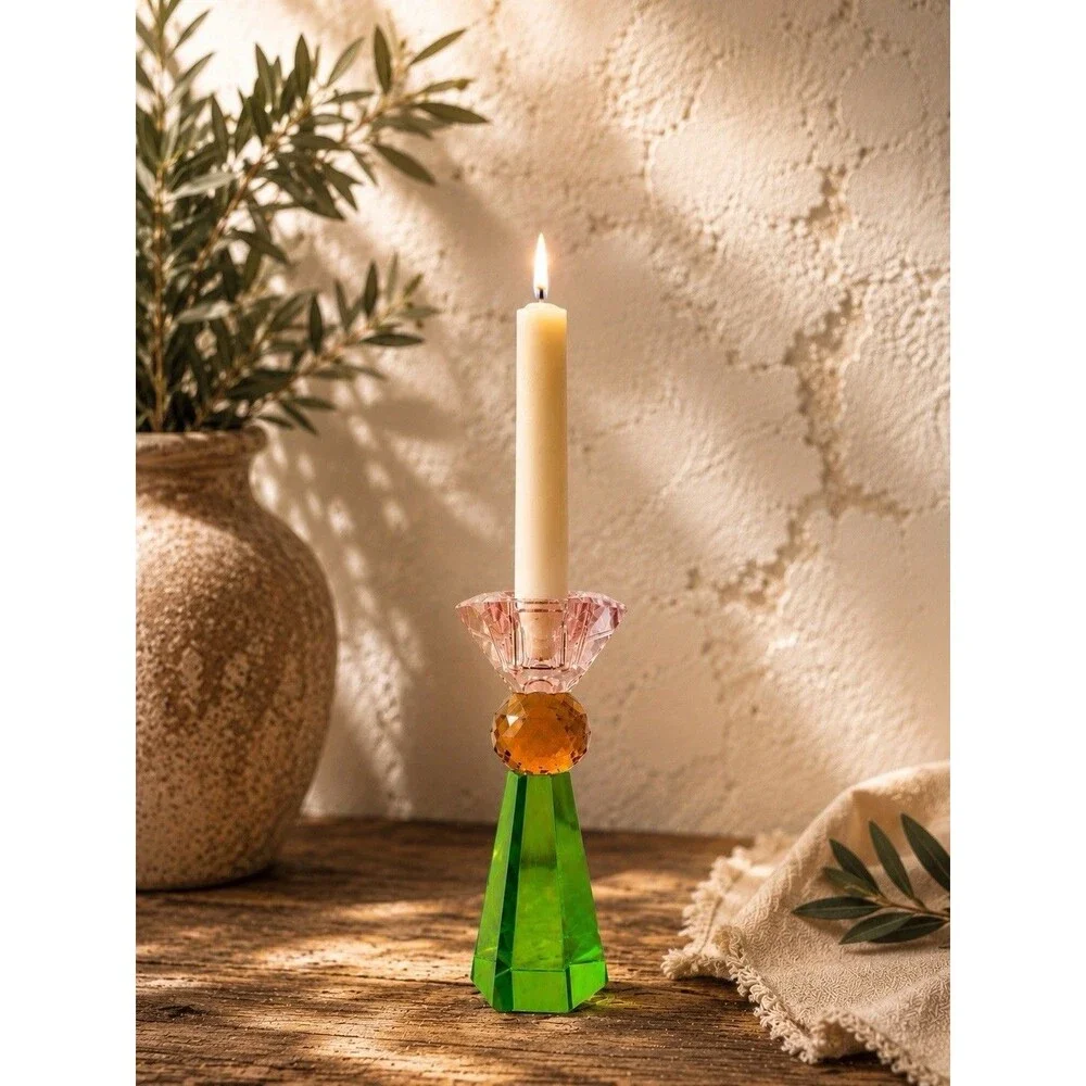 ALDI Kirkton House Glass Candle Holder Green‎ Pink Amber Faceted Crystal Decor